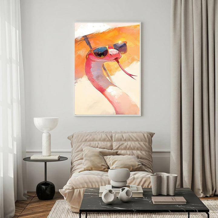 Wadi Home pink snake with sunglasses wall art, vibrant abstract background, playful personality, quirky decor.