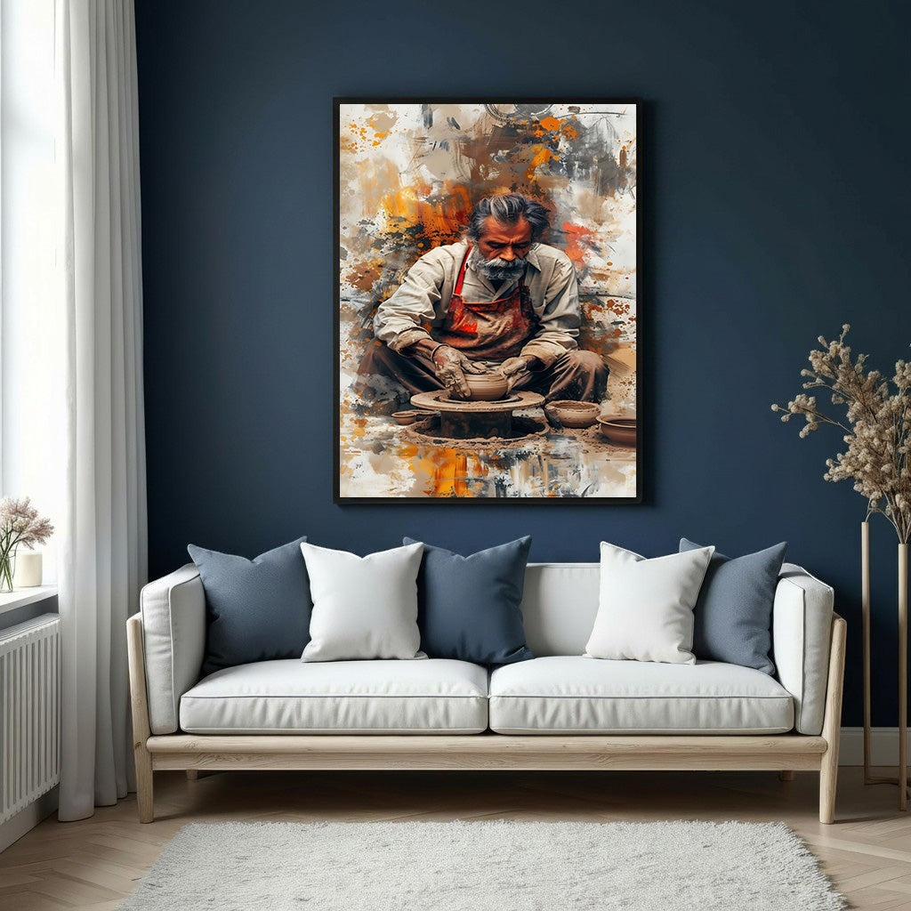 Wadi Home abstract wall art depicting a potter at work in earthy tones of orange, brown, and cream.