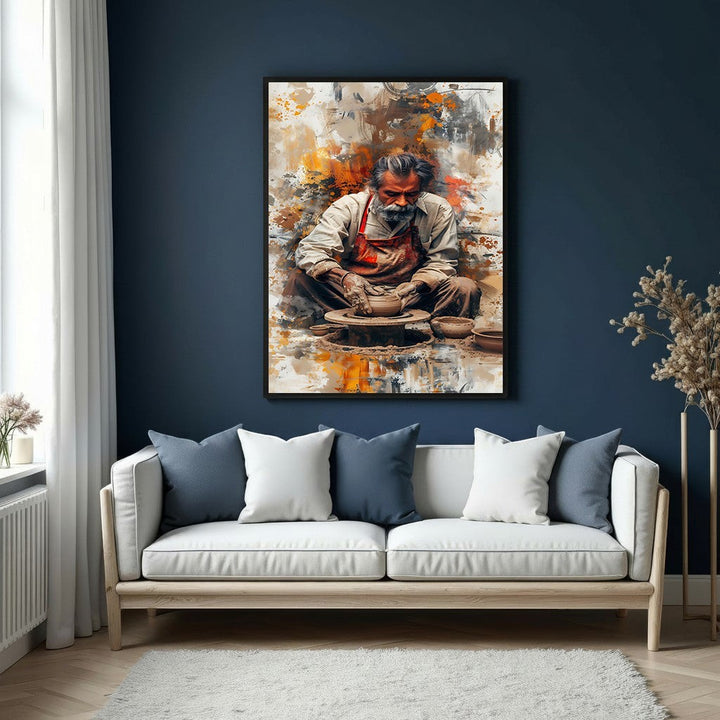Wadi Home abstract wall art depicting a potter at work in earthy tones of orange, brown, and cream.