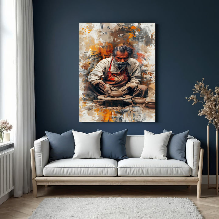 Wadi Home abstract wall art depicting a potter at work in earthy tones of orange, brown, and cream. Textured style.