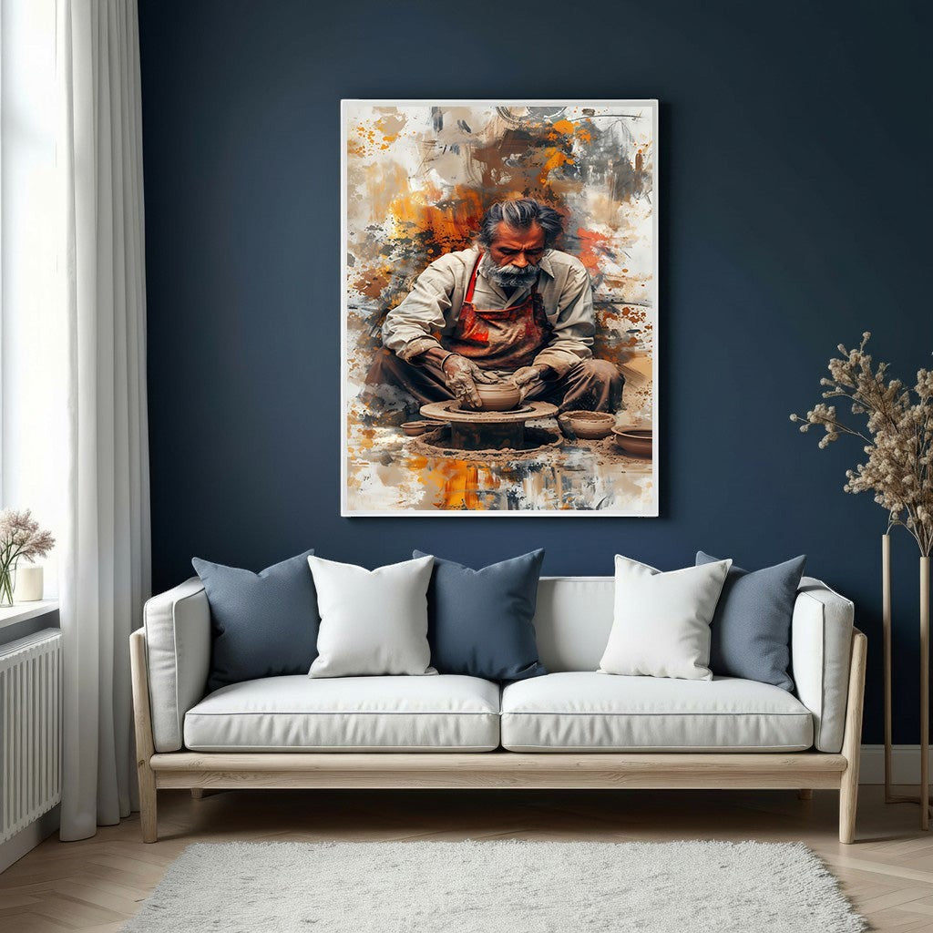 Wadi Home abstract wall art depicting a potter at work in earthy tones of orange, brown, and cream.