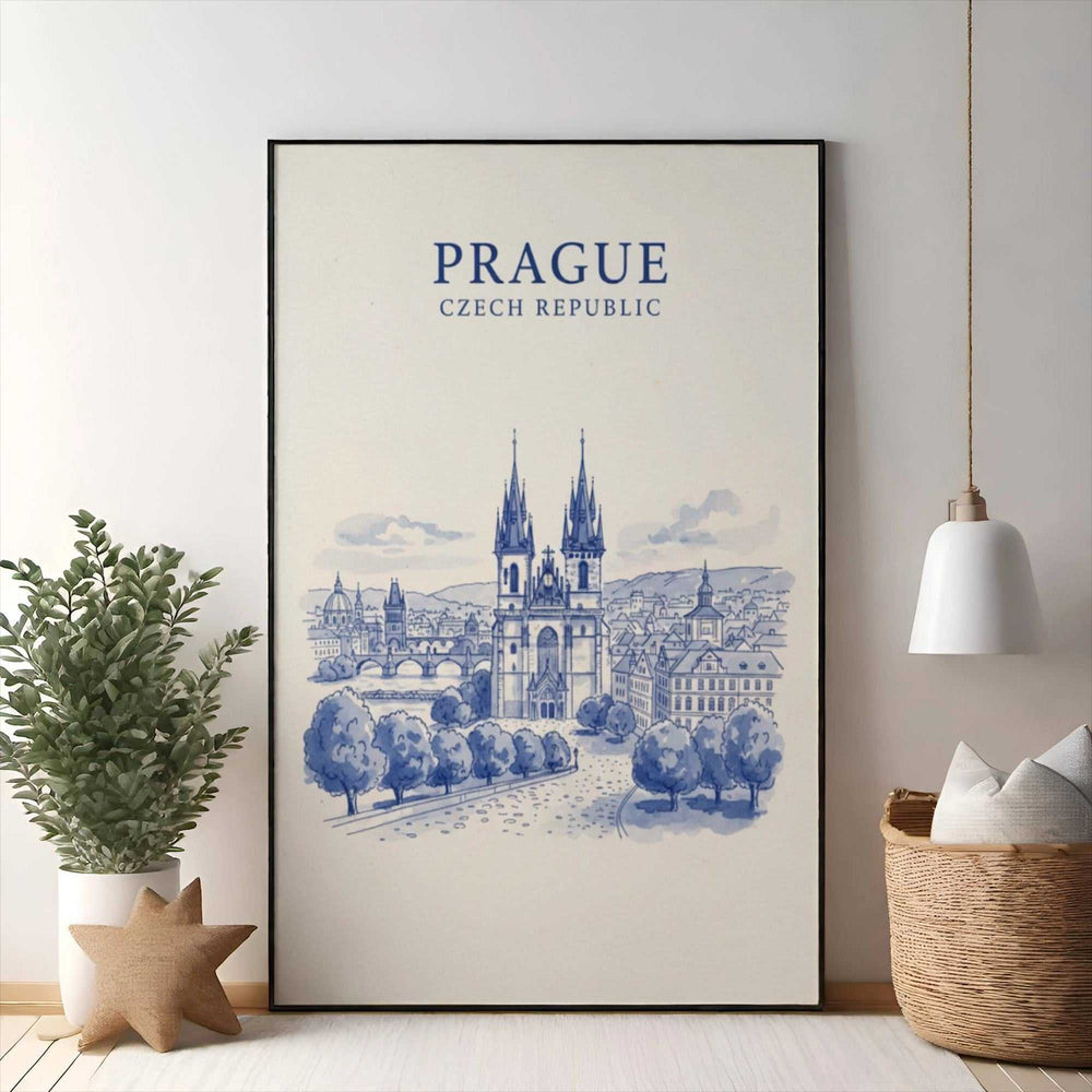 Wadi Home Prague Czech Republic skyline artwork, blue and white sketch of historic architecture and trees.