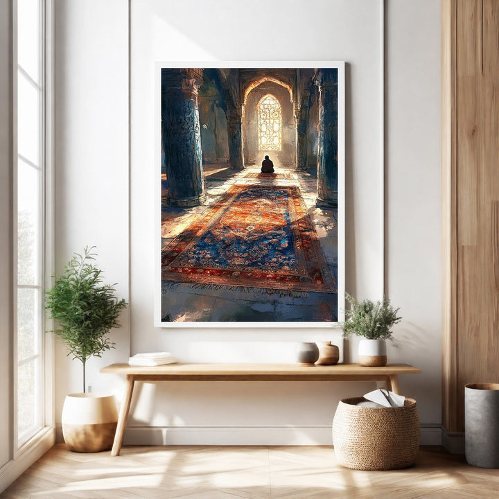 Wadi Home Majestic Prayer Hall wall art: lone figure in ornate hall with patterned carpet, bathed in golden light from arched window.