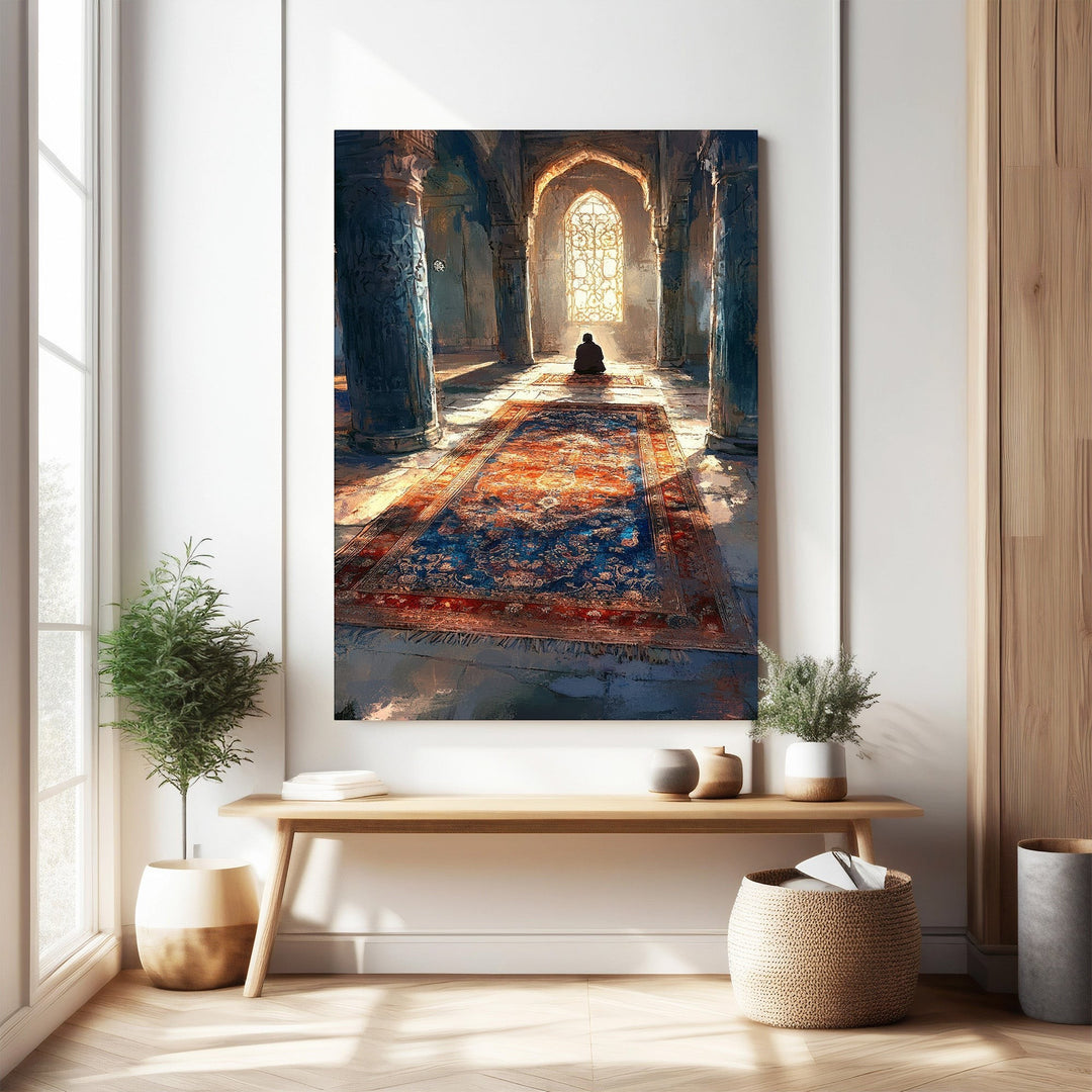 Wadi Home Majestic Prayer Hall wall art depicts a lone figure in contemplation on an ornate carpet in a sunlit hall with arched windows.