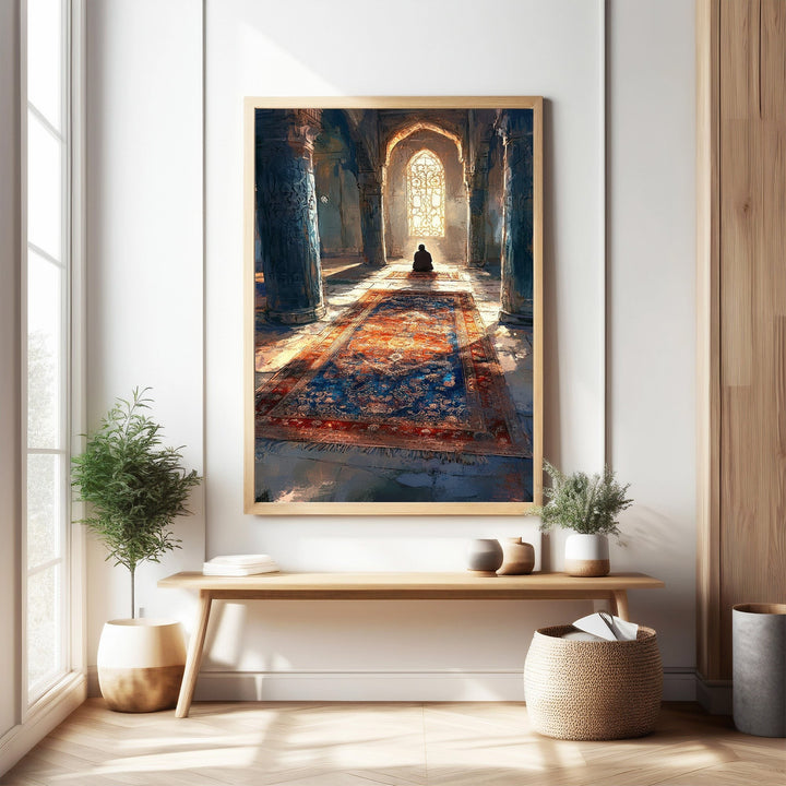 Wadi Home Majestic Prayer Hall wall art depicts a lone figure in contemplation on an ornate carpet in a sunlit hall with arched windows and columns.