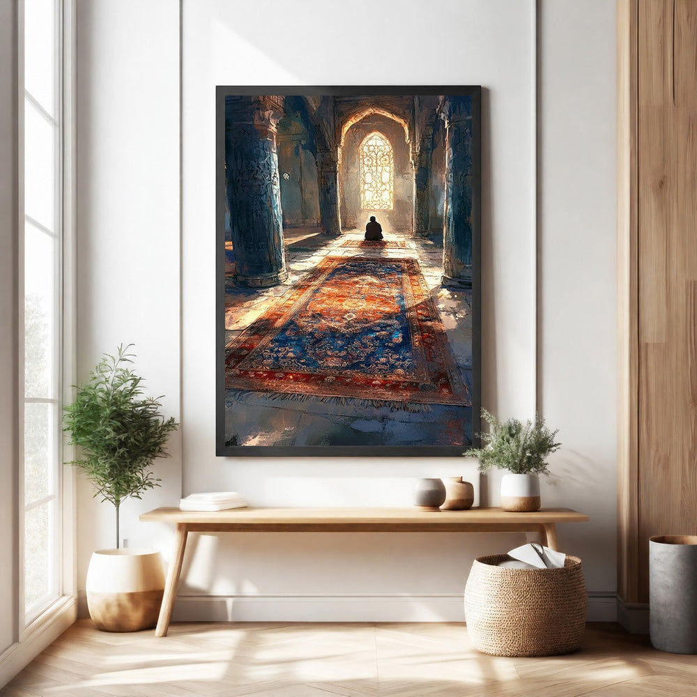 Wadi Home Majestic Prayer Hall wall art depicting a lone figure in contemplation on an ornate carpet in a sunlit hall.
