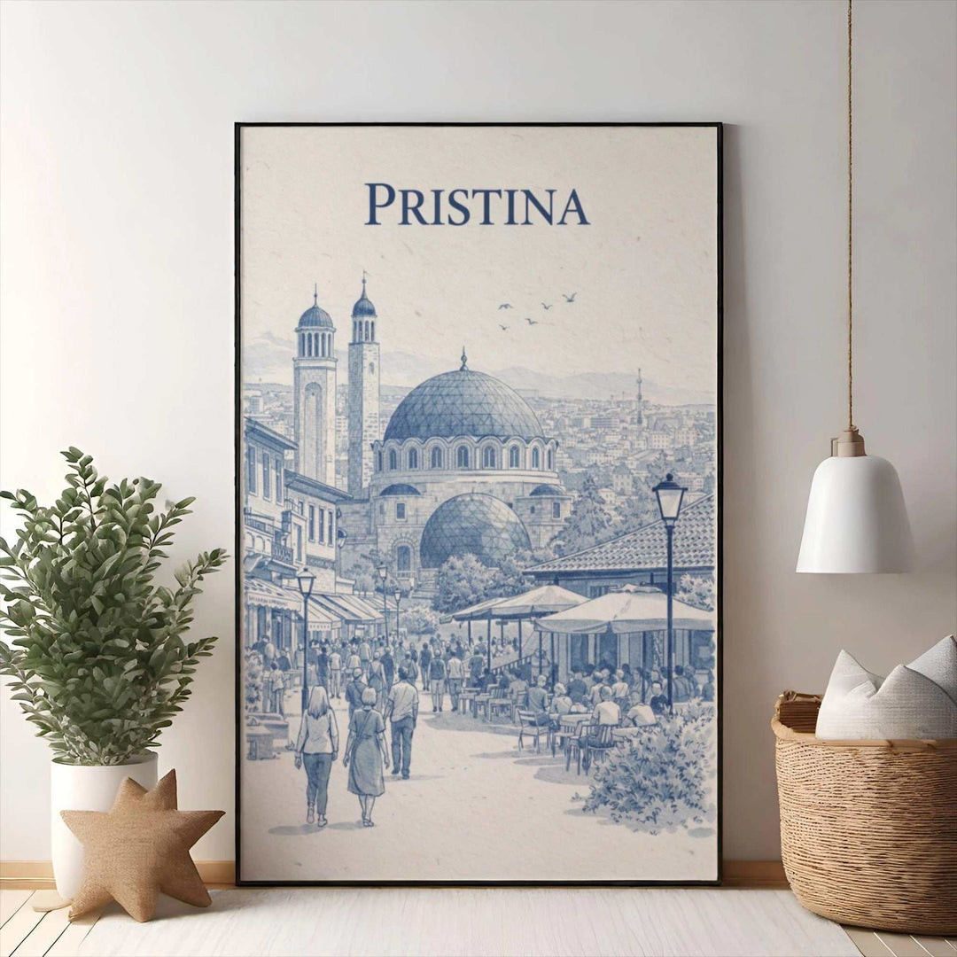Wadi Home Pristina cityscape illustration in blue and white, depicting a busy street scene with cafes and landmarks.