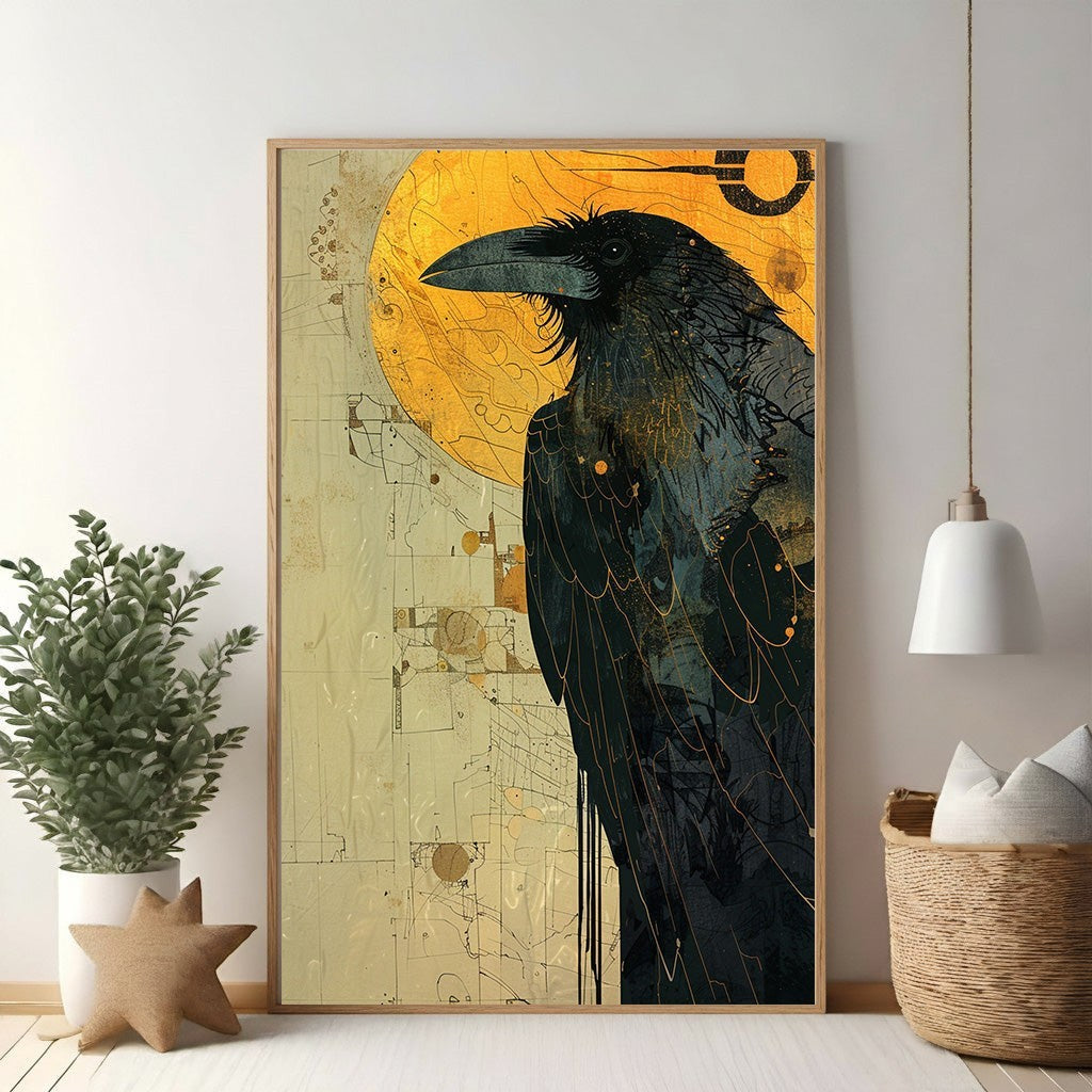 Wadi Home Mysterious Raven With Golden Sun wall art print. Features a detailed black raven against a textured golden sun.