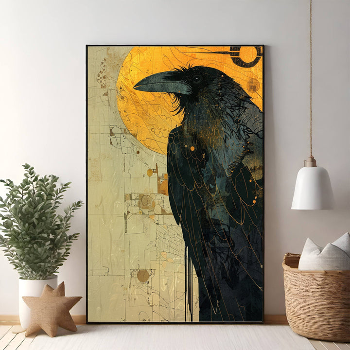Wadi Home Mysterious Raven With Golden Sun wall art, featuring a detailed black raven against a textured golden sun.