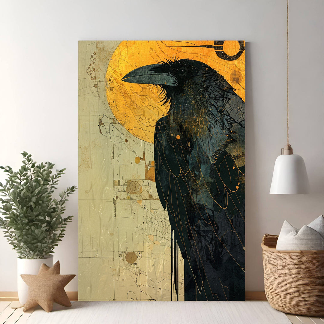 Wadi Home Mysterious Raven With Golden Sun wall art, featuring a detailed black raven against a textured golden sun.