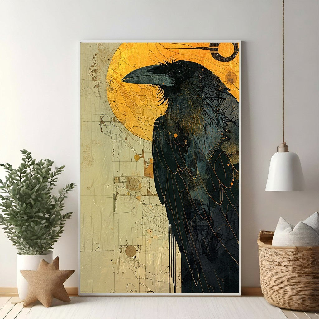 Wadi Home Mysterious Raven With Golden Sun wall art print featuring a black raven against a textured golden sun.