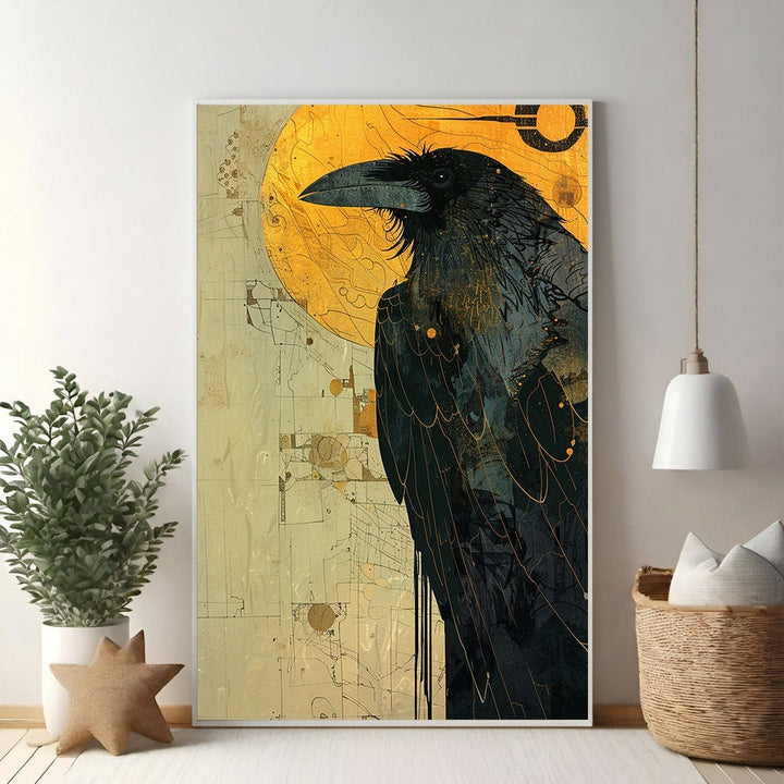 Wadi Home Mysterious Raven With Golden Sun wall art print featuring a black raven against a textured golden sun.