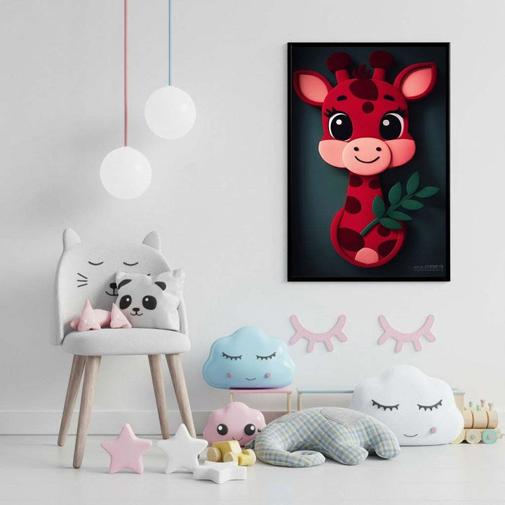 Wadi Home framed red cartoon giraffe nursery wall art with big eyes and dark background. Layered effect adds depth.