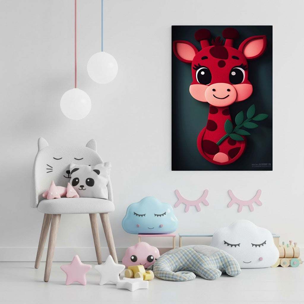 Wadi Home red cartoon giraffe nursery wall art with big eyes and red spots, holding a green leaf.