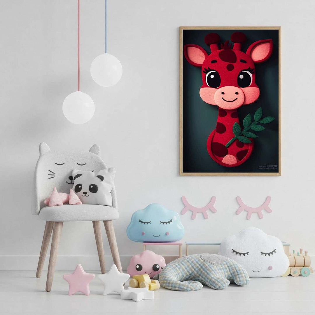 Wadi Home red cartoon giraffe nursery wall art with big eyes and red spots, framed with a wooden border.