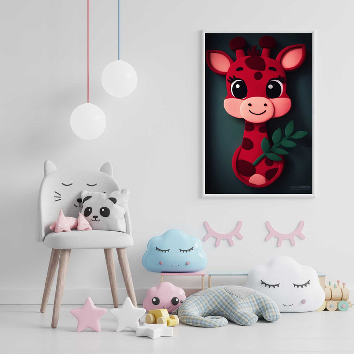 Wadi Home red cartoon giraffe nursery wall art with big eyes and playful spots, framed with MDF and glass.