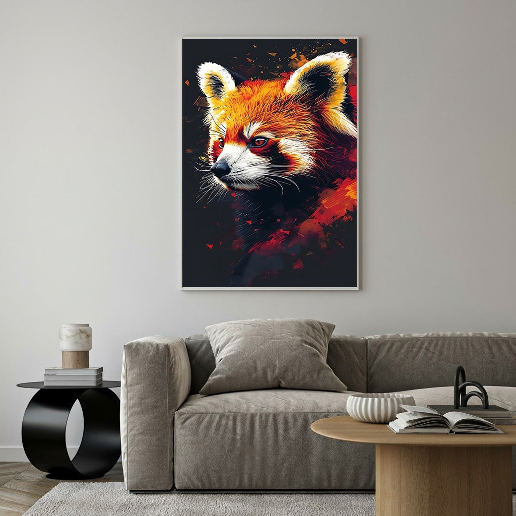 Wadi Home abstract red panda canvas print with fiery reds, oranges, and yellows on a dark background.