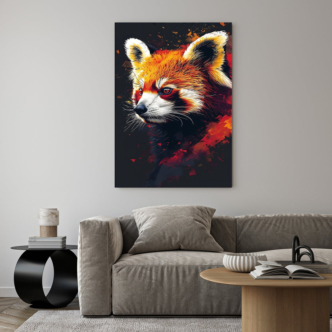 Wadi Home abstract red panda canvas print with fiery red, orange, and yellow colors on a dark background.