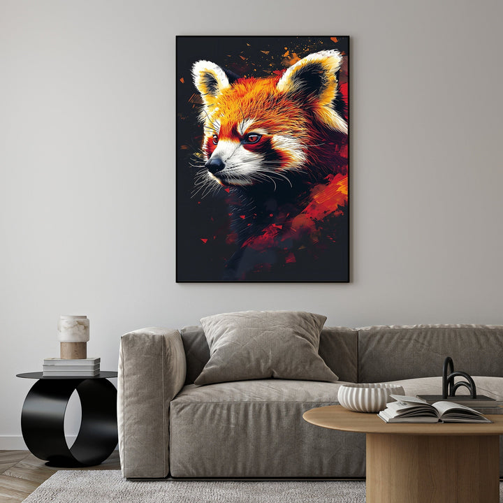 Wadi Home abstract red panda canvas print with fiery reds, oranges, and yellows on a dark background.