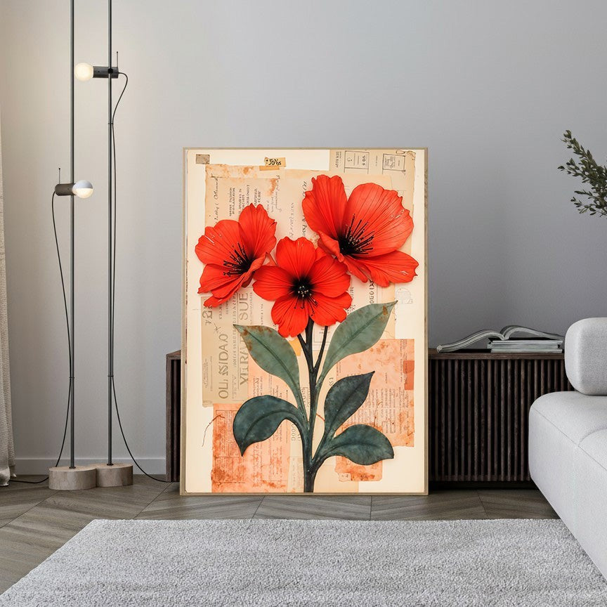 Wadi Home floral collage wall art featuring vibrant red poppies on vintage script and textured paper background.