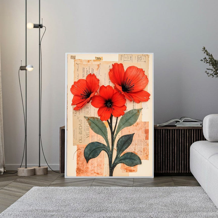 Wadi Home floral collage wall art featuring three vibrant red poppies with dark centers and green leaves against a textured background of vintage script.
