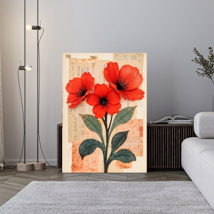Wadi Home floral collage wall art featuring vibrant red poppies on vintage script background. Botanical elegance for any room.
