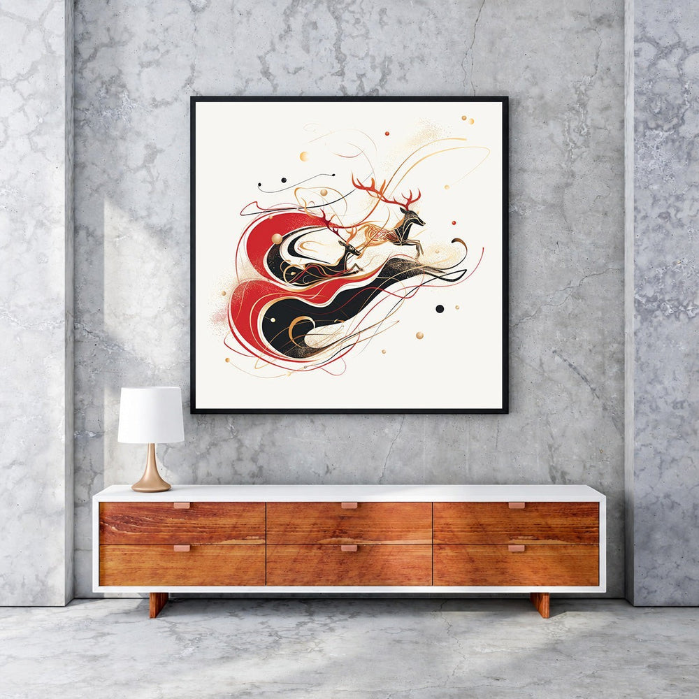 Wadi Home framed art print of leaping reindeer in red, black, and gold abstract swirls. MDF frame with glass front.