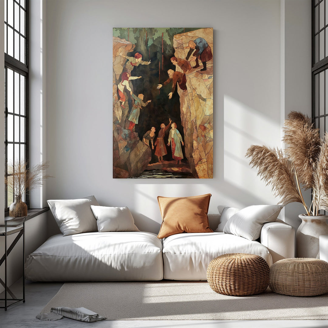 Wadi Home wall art depicting a dramatic rescue scene in a gorge, rendered in warm, earthy tones with a mosaic-like style.