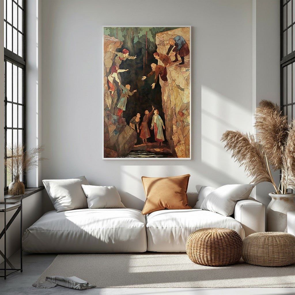 Wadi Home The Rescue At The Gorge wall art, depicting a dramatic rescue scene in earthy tones with mosaic-like details.