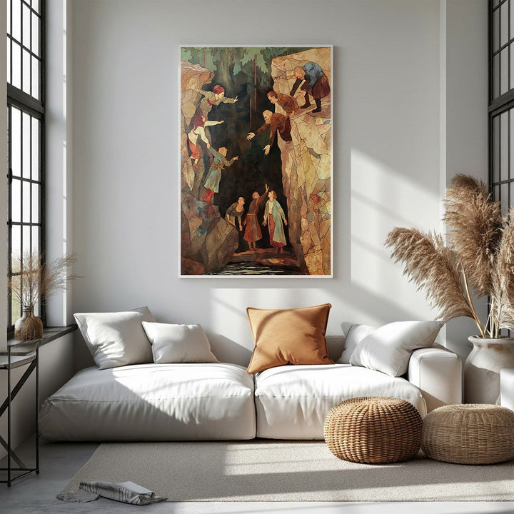Wadi Home The Rescue At The Gorge wall art, depicting a dramatic rescue scene in earthy tones with mosaic-like details.