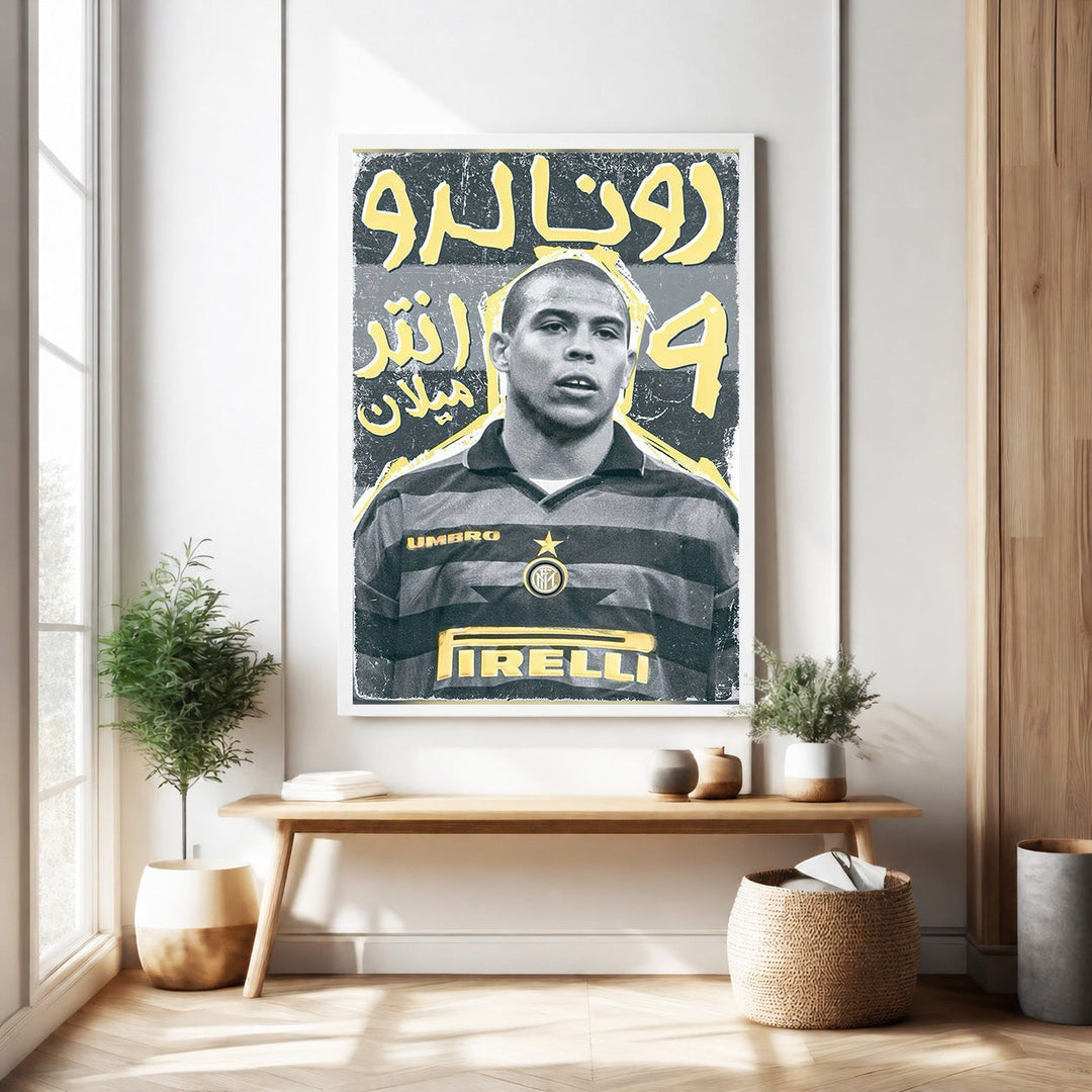 Wadi Home vintage football poster of Ronaldo in Inter Milan kit with Arabic text and distressed design.