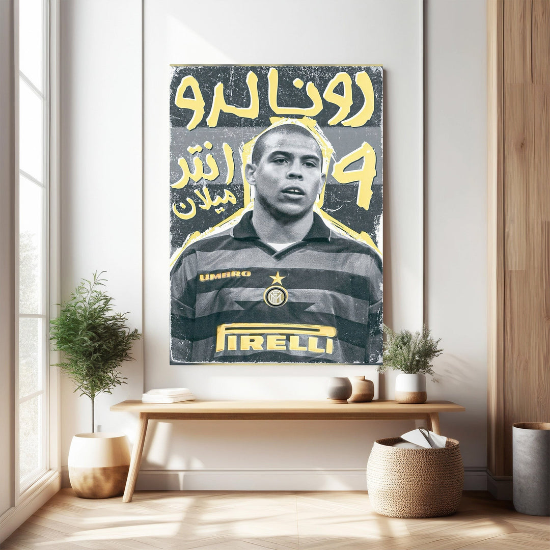 Wadi Home vintage poster of Ronaldo in Inter Milan kit, distressed design with Arabic text and bold typography.