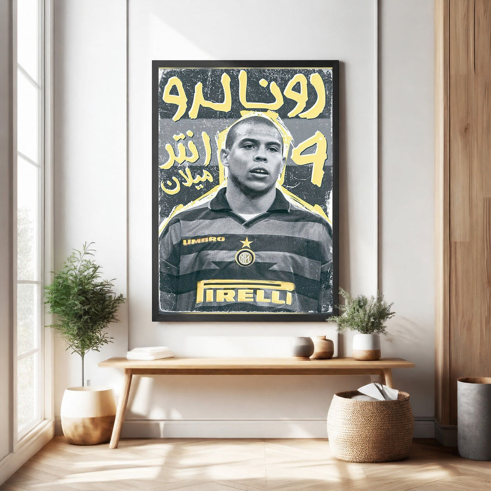 Wadi Home vintage poster of Ronaldo in Inter Milan kit, distressed design, bold yellow typography, football memorabilia.