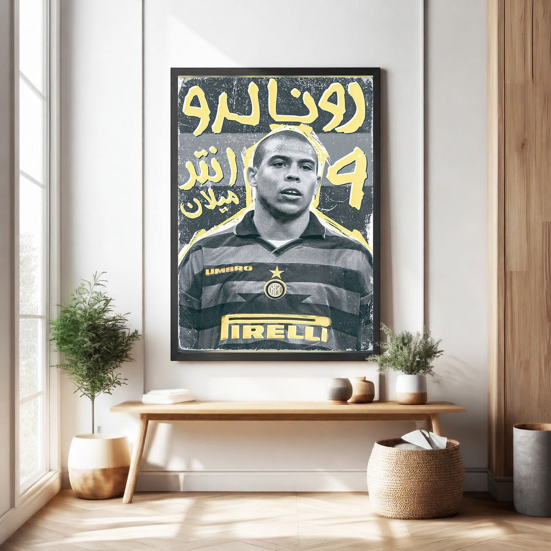 Wadi Home vintage poster of Ronaldo in Inter Milan kit, distressed design, bold yellow typography, football memorabilia.