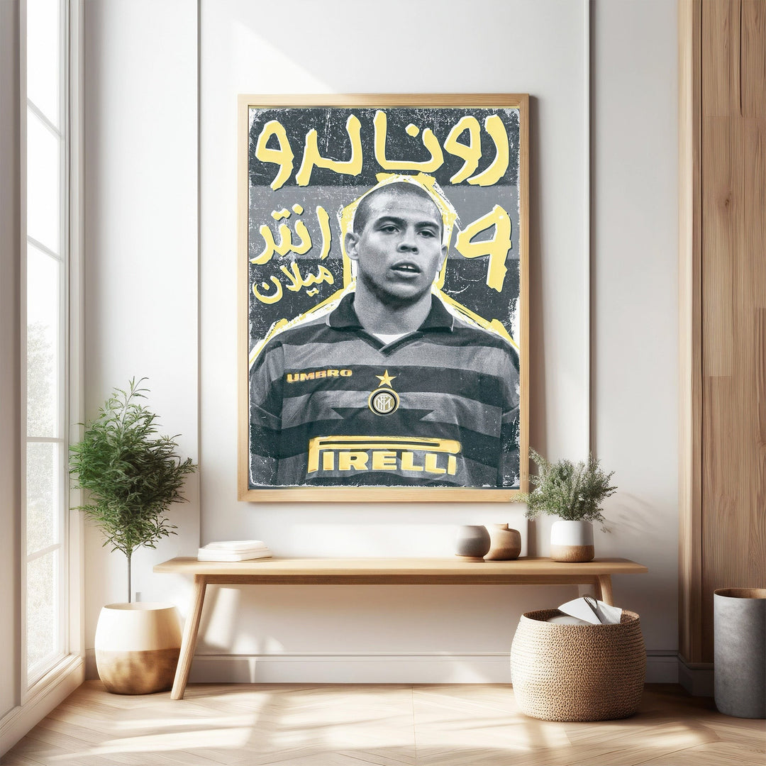 Wadi Home vintage poster of Ronaldo in Inter Milan kit, distressed design with Arabic text and bold typography.