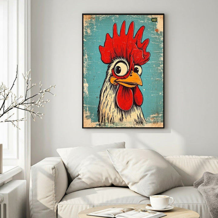 Wadi Home whimsical rooster portrait wall art, cartoonish rooster with red comb and wattle, distressed teal background.