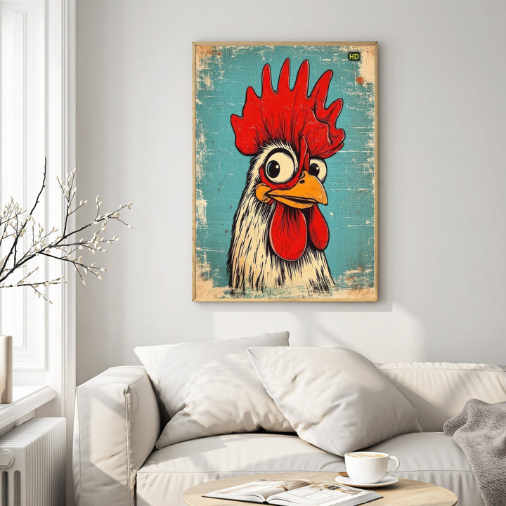 Wadi Home whimsical rooster portrait wall art with a cartoonish rooster against a distressed teal background.
