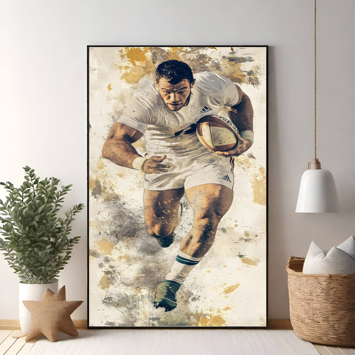 Wadi Home rugby player artwork, muscular athlete in white uniform running with ball, textured painterly style.