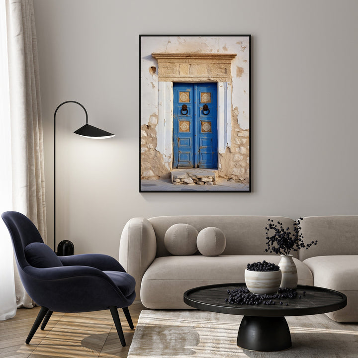 Wadi Home Rustic Blue Doorway Wall Art featuring a weathered blue door with ornate hardware against a textured stone facade.