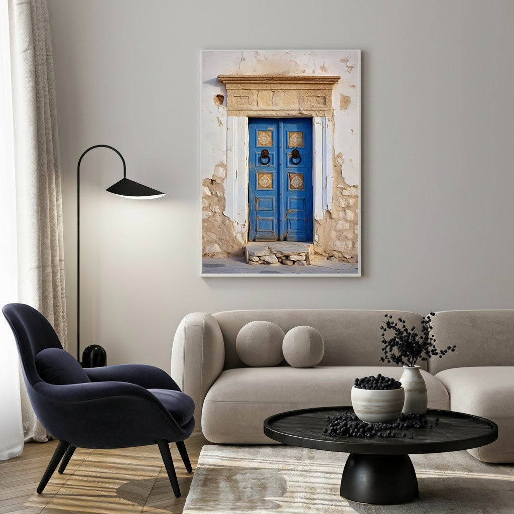Wadi Home rustic blue doorway wall art with textured stone facade and intricate hardware details.