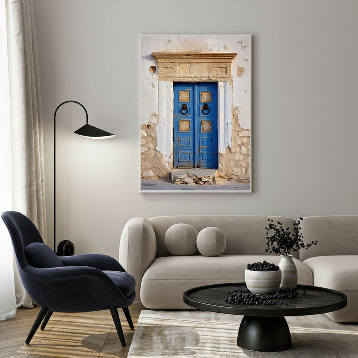 Wadi Home rustic blue doorway wall art with textured stone facade and intricate hardware details.
