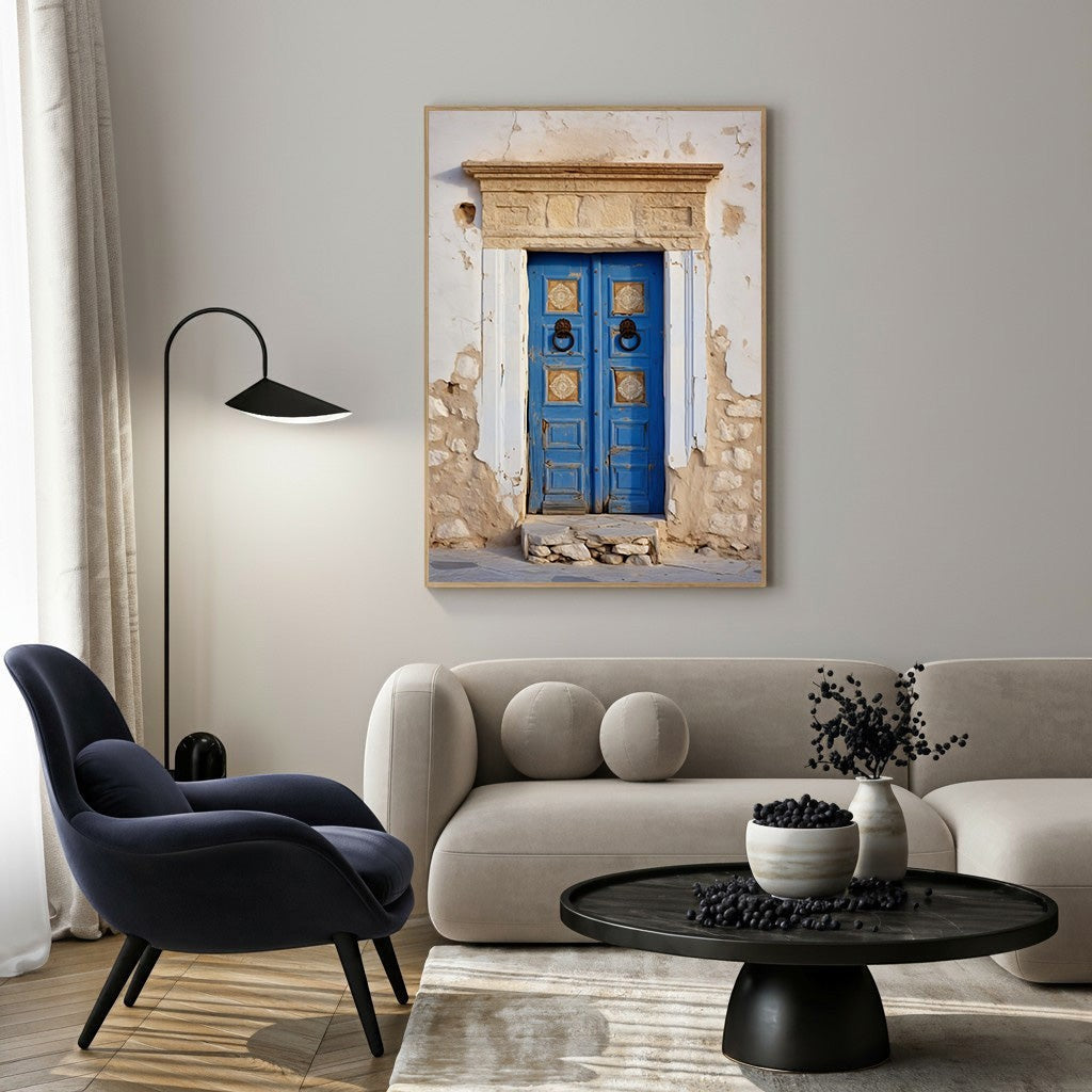 Wadi Home rustic blue doorway wall art with weathered blue door and textured stone facade.