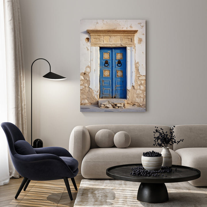 Wadi Home rustic blue doorway wall art with weathered blue double doors and stone facade.