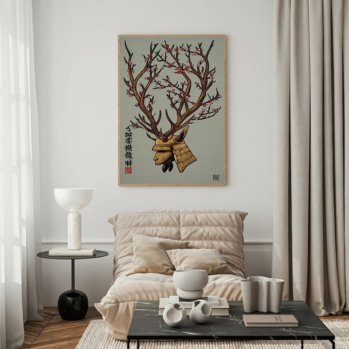 Wadi Home Samurai Deer Wall Art with cherry blossoms and samurai helmet, muted earthy tones with red accents.