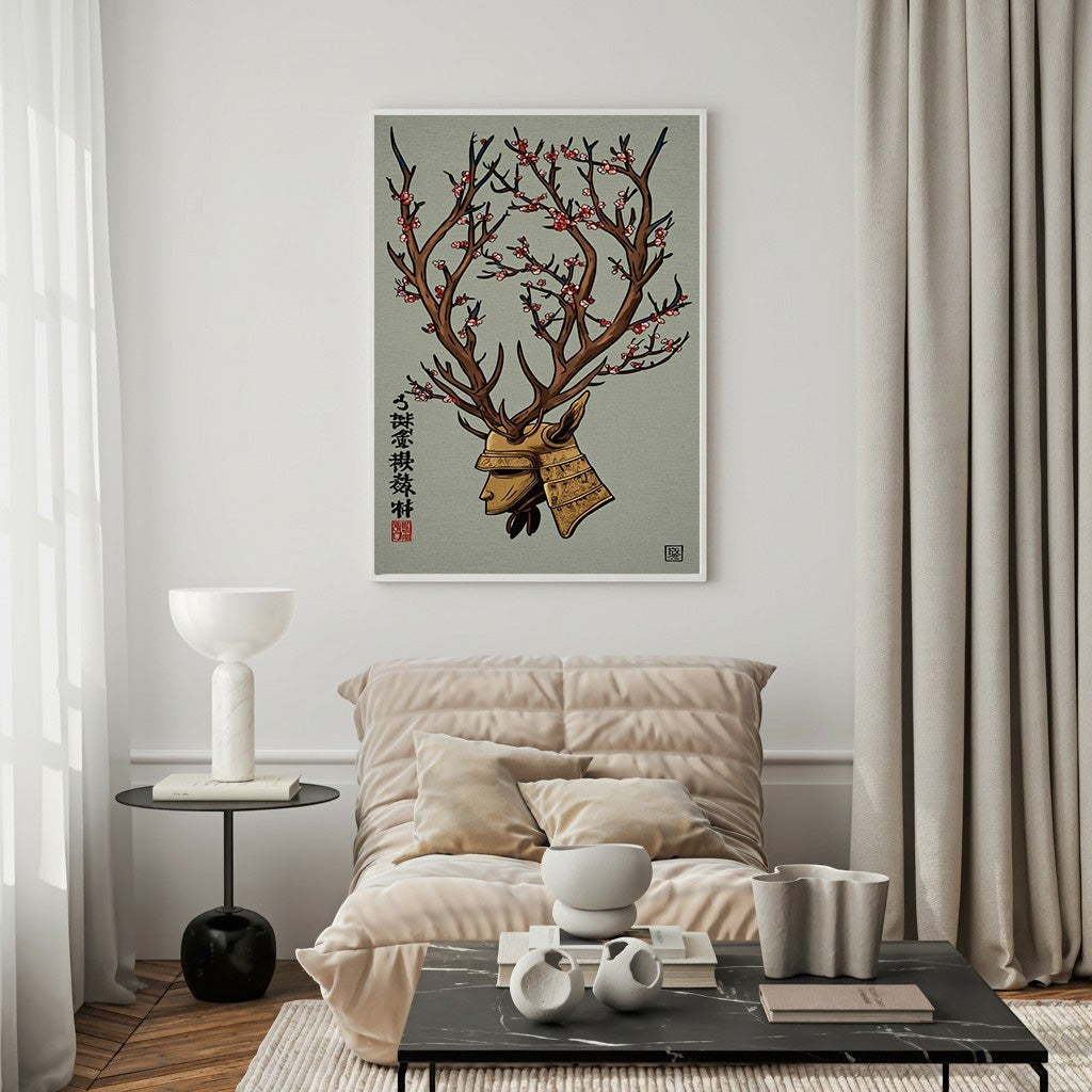 Wadi Home Samurai Deer Wall Art featuring a deer with samurai helmet and cherry blossoms, earthy palette with red accents.