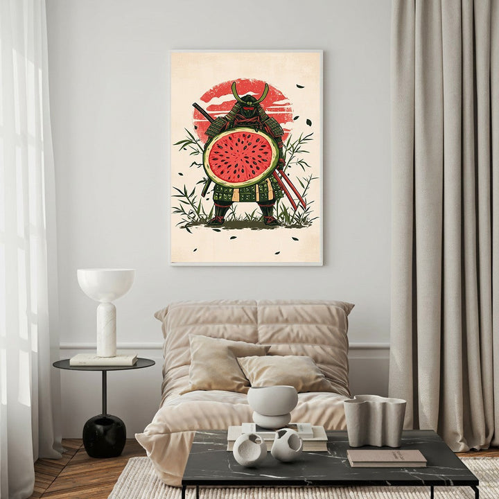 Wadi Home Samurai warrior art print with a watermelon slice shield, bamboo, and red sun.