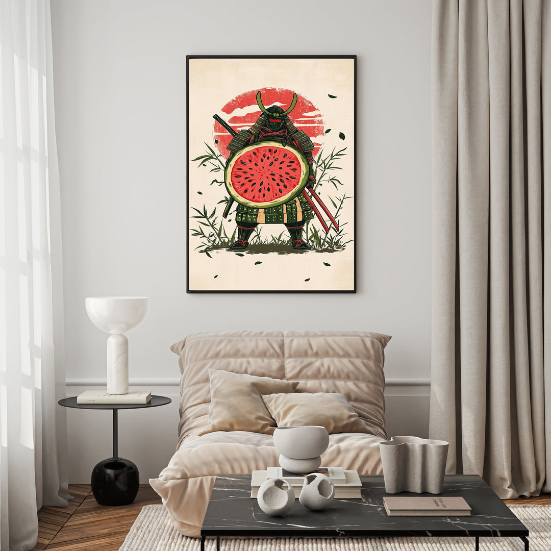 Wadi Home art print of a samurai warrior with a watermelon slice shield, bamboo, and a rising sun.