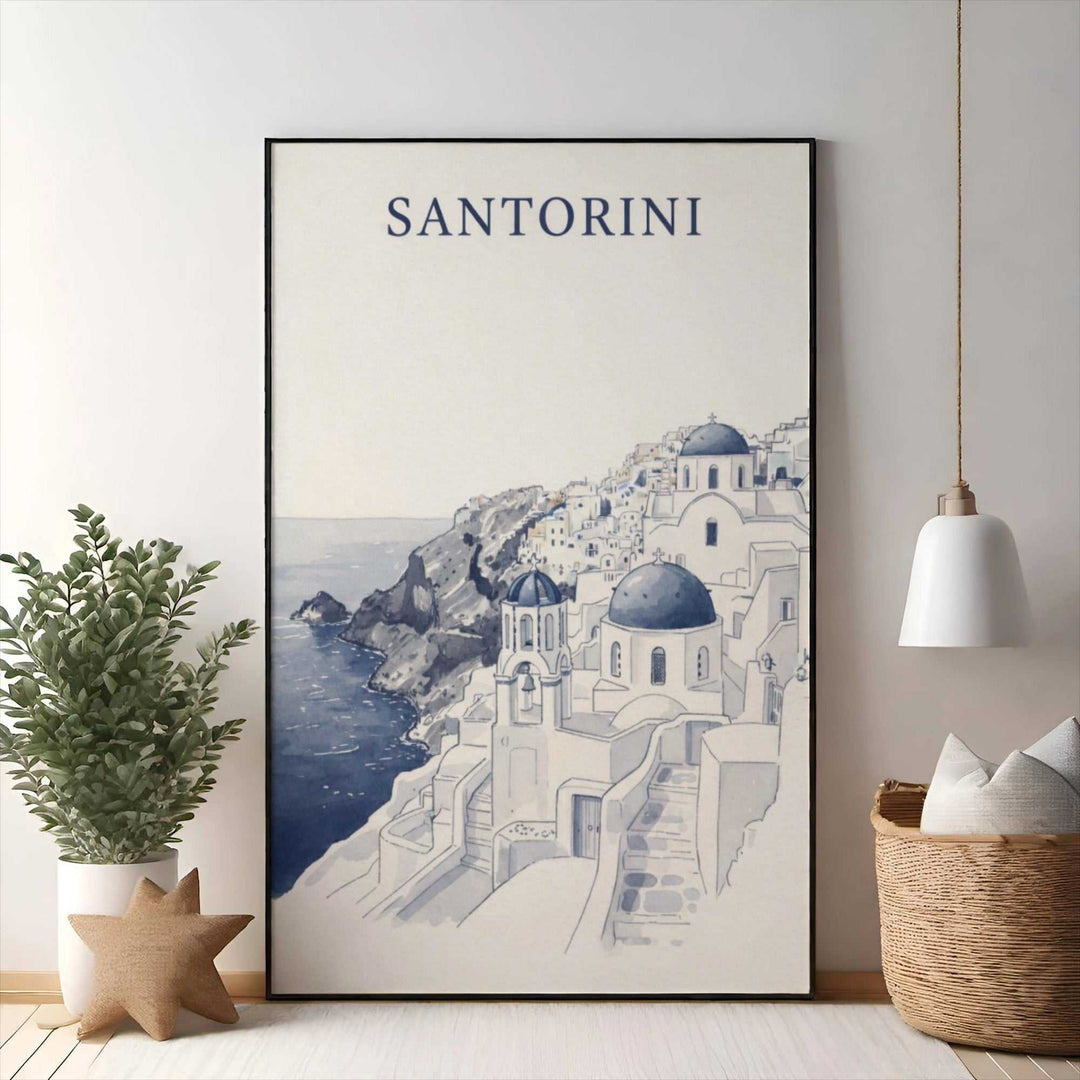 Wadi Home Santorini village watercolor artwork featuring white buildings with blue domes overlooking the Aegean Sea.