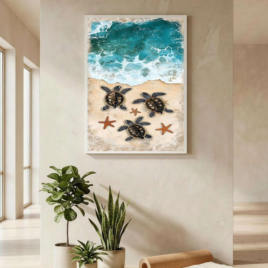 Wadi Home sea turtle beach wall art with three turtles and starfish on sand with crashing waves.