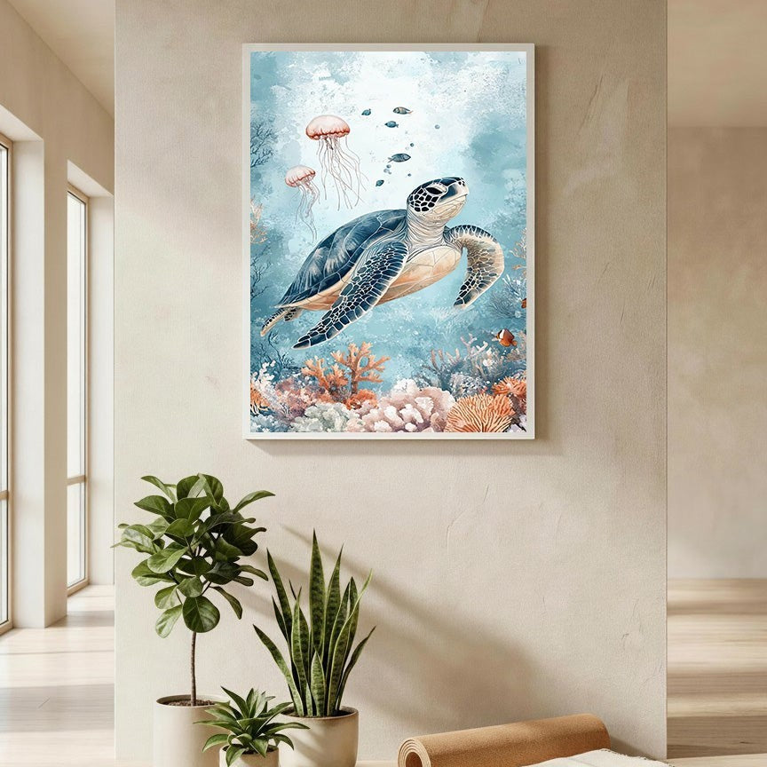 Wadi Home watercolor art of a sea turtle swimming with jellyfish and coral reef. Coastal decor.